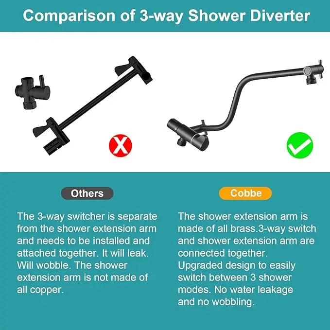Cobbe 12 Inch All Metal 3-Way Rain Shower Head, High Pressure Shower Head, Dual Shower Heads with Handheld Spray Combo - Upgrade Extension Arm Height Adjustable - 9 Spray Filtered Shower Head Cobbe