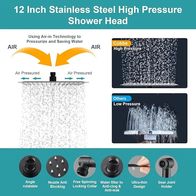 Cobbe 12 Inch All Metal 3-Way Rain Shower Head, High Pressure Shower Head, Dual Shower Heads with Handheld Spray Combo - Upgrade Extension Arm Height Adjustable - 9 Spray Filtered Shower Head Cobbe