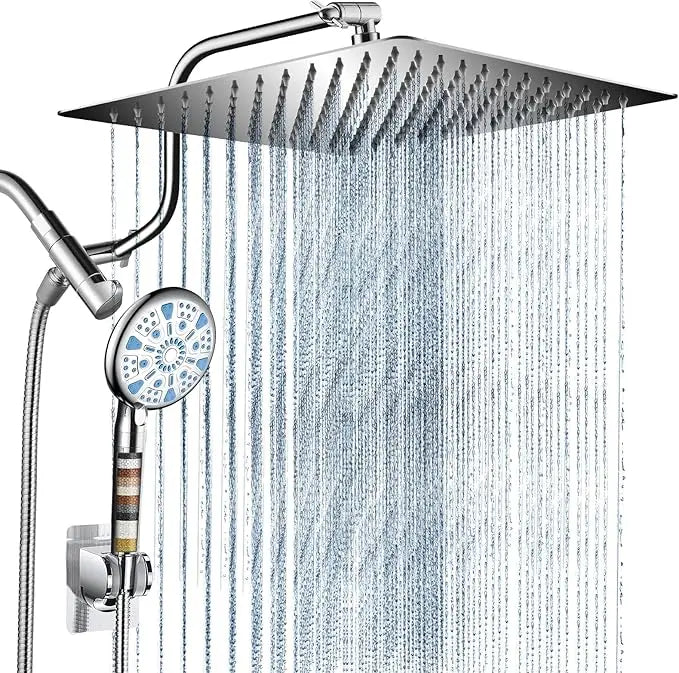 Cobbe 12 Inch All Metal 3-Way Rain Shower Head, High Pressure Shower Head, Dual Shower Heads with Handheld Spray Combo - Upgrade Extension Arm Height Adjustable - 9 Spray Filtered Shower Head Cobbe