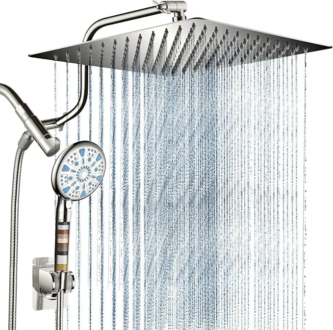 Cobbe 12 Inch All Metal 3-Way Rain Shower Head, High Pressure Shower Head, Dual Shower Heads with Handheld Spray Combo - Upgrade Extension Arm Height Adjustable - 9 Spray Filtered Shower Head Cobbe