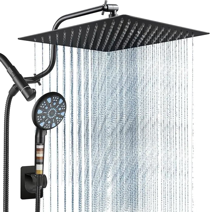 Cobbe 12 Inch All Metal 3-Way Rain Shower Head, High Pressure Shower Head, Dual Shower Heads with Handheld Spray Combo - Upgrade Extension Arm Height Adjustable - 9 Spray Filtered Shower Head Cobbe