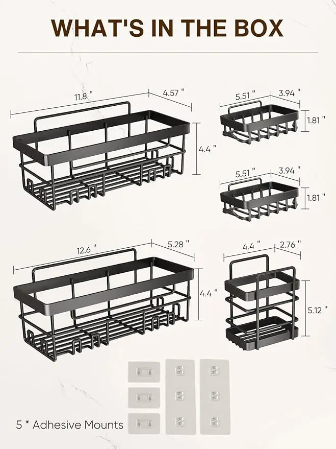 Cobbe Adhesive Shower Caddy 5-Pack, Large Wall Mounted Shower Shelves Rack, Organizer Storage Accessories with Soap Dish&Toothbrush Holder, Shelves for Bathroom Storage & Home Kitchen Decor, Black Cobbe