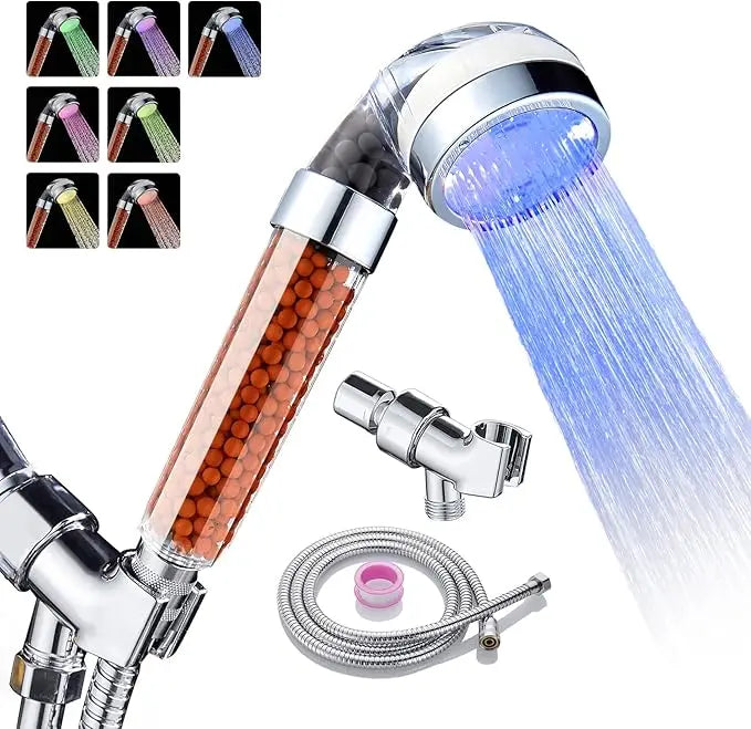 Cobbe Led Shower Head Set With Light,Handheld Showerhead with Hose and Base for Dry Skin&Hair,High Pressure Shower Heads With Filters-7 Colors Change Cyclically Cobbe